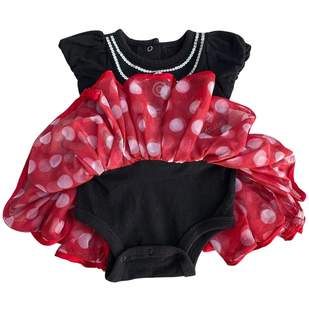 Disney Baby Dress Newborn 3 months Minnie Mouse Red Black Sequins Bow Snaps